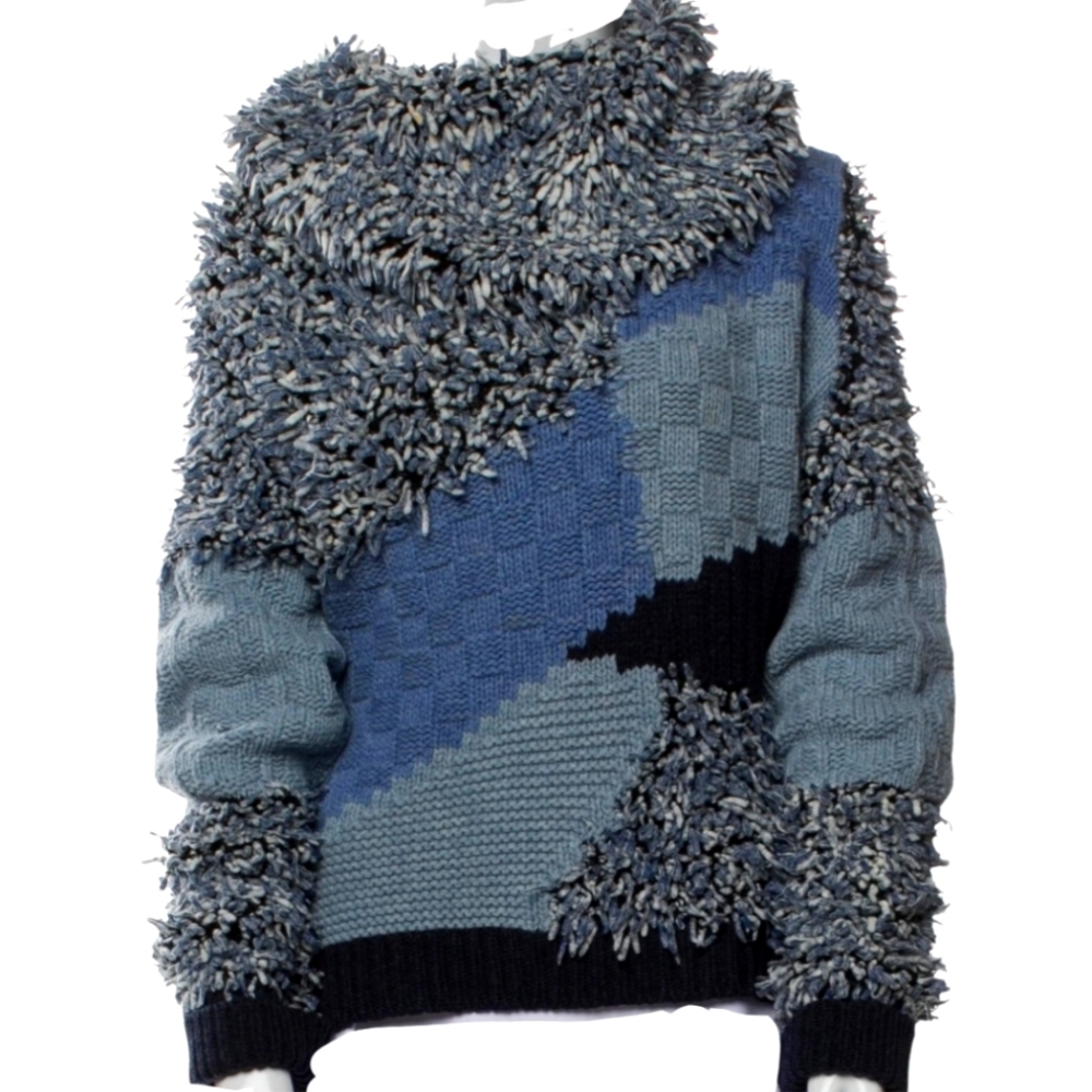 Escada Shaggy Cowl Neck Chunky Knit Pale Blue & Navy Abstract Sweater Wool Blend - Picture 12 of 12